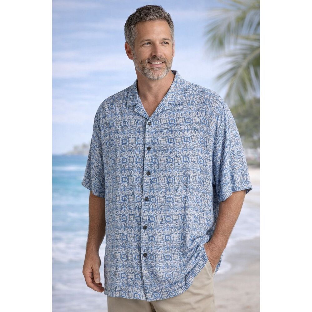 Island Passport Men Shirt 3XL Blue Hawaiian Rayon Button Up